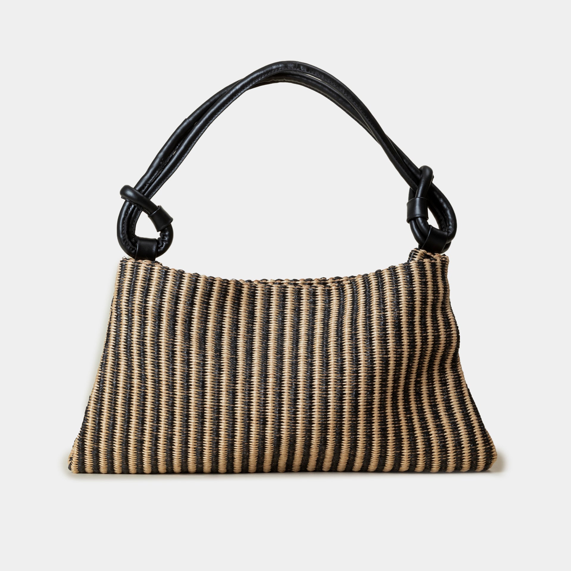 borsa Arron in rafia rigata ecrù e pelle nera con manico a nodo e tracolla