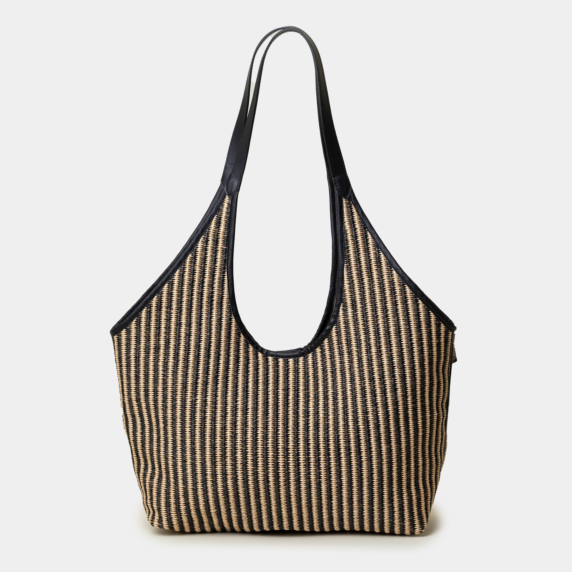 borsa ARRON hobo shopper grande in rafia naturale RIGATA e pelle NERA