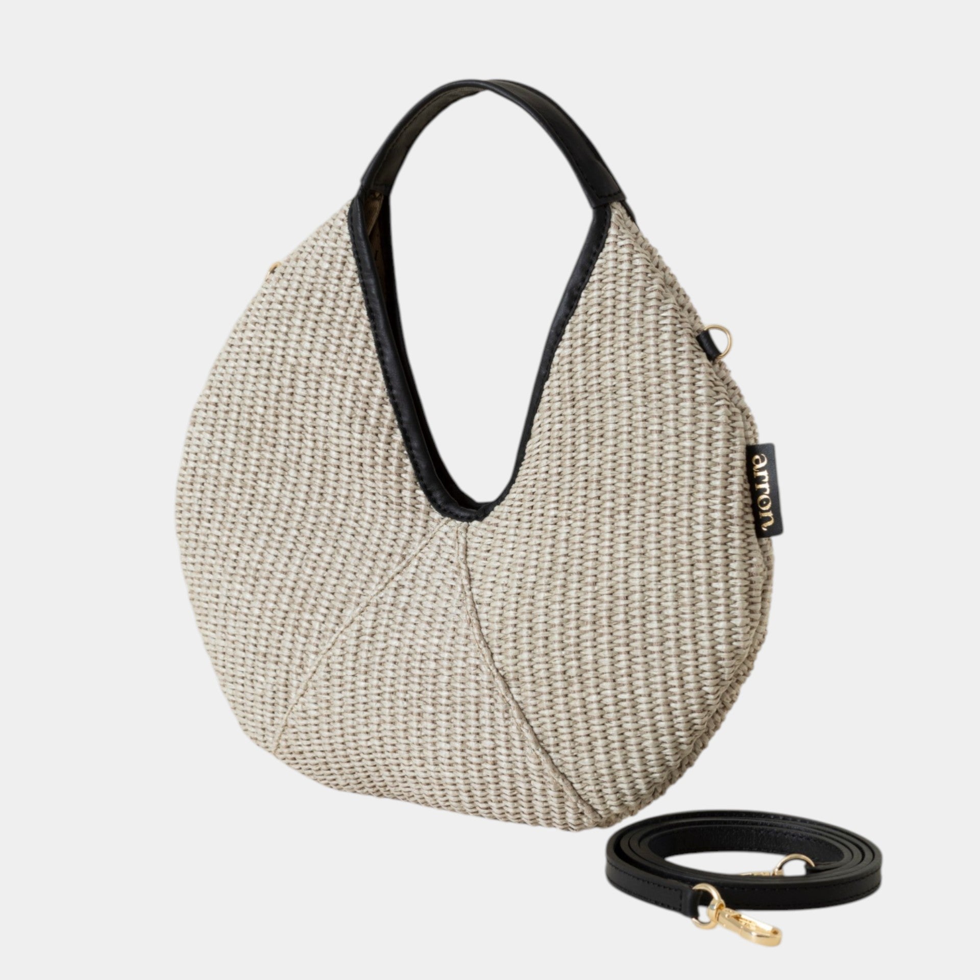 mini borsa Arron in rafia taupe e pelle nera made in Italy laterale con tracolla