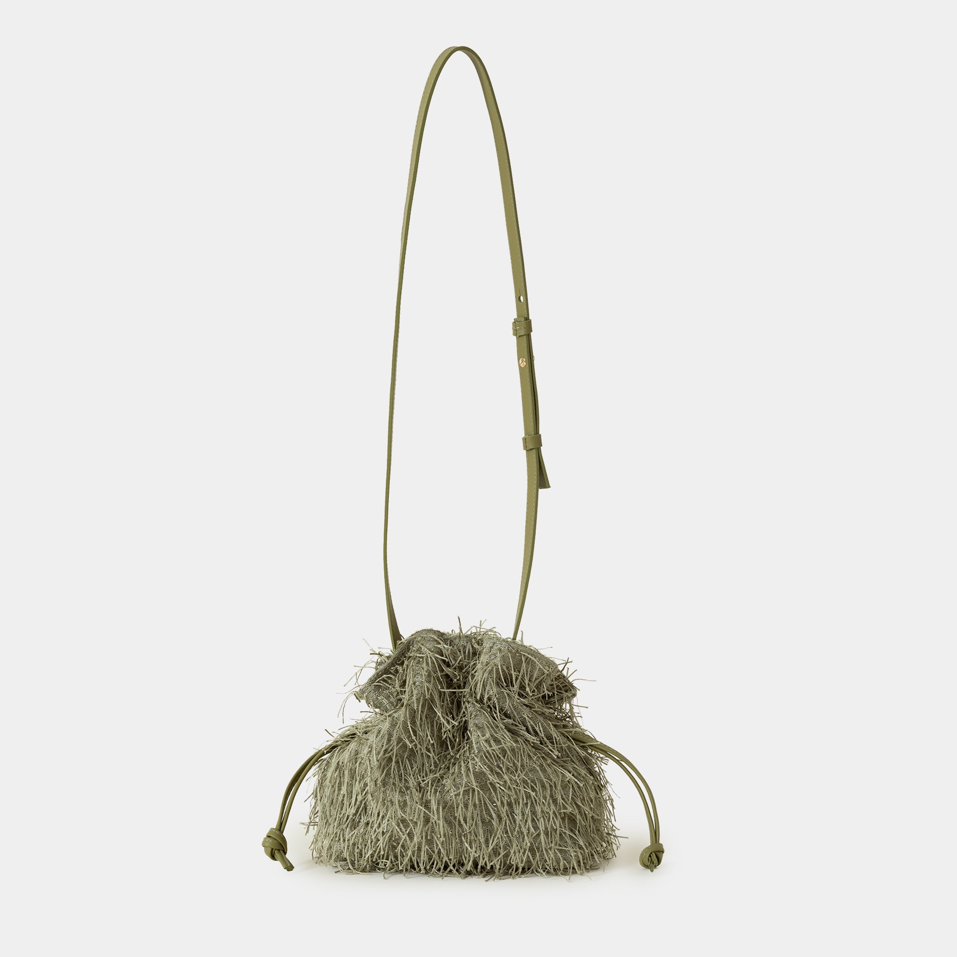borsa con frange elegante da sera party bag cerimonie colore salvia brand Arron luminosa