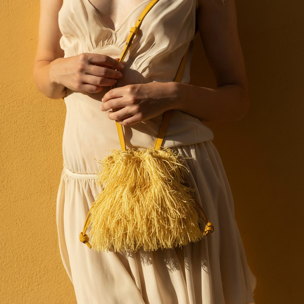 borsa rossana con frange giallo limone luminosa elegante da cerimonia evento sera party bag Arron indossata a tracolla