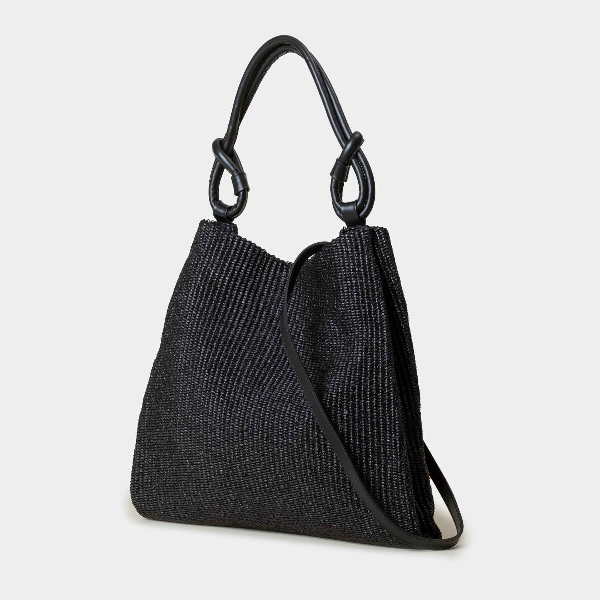 borsa grande Arron in rafia nera e pelle nera con manico a nodo e tracolla