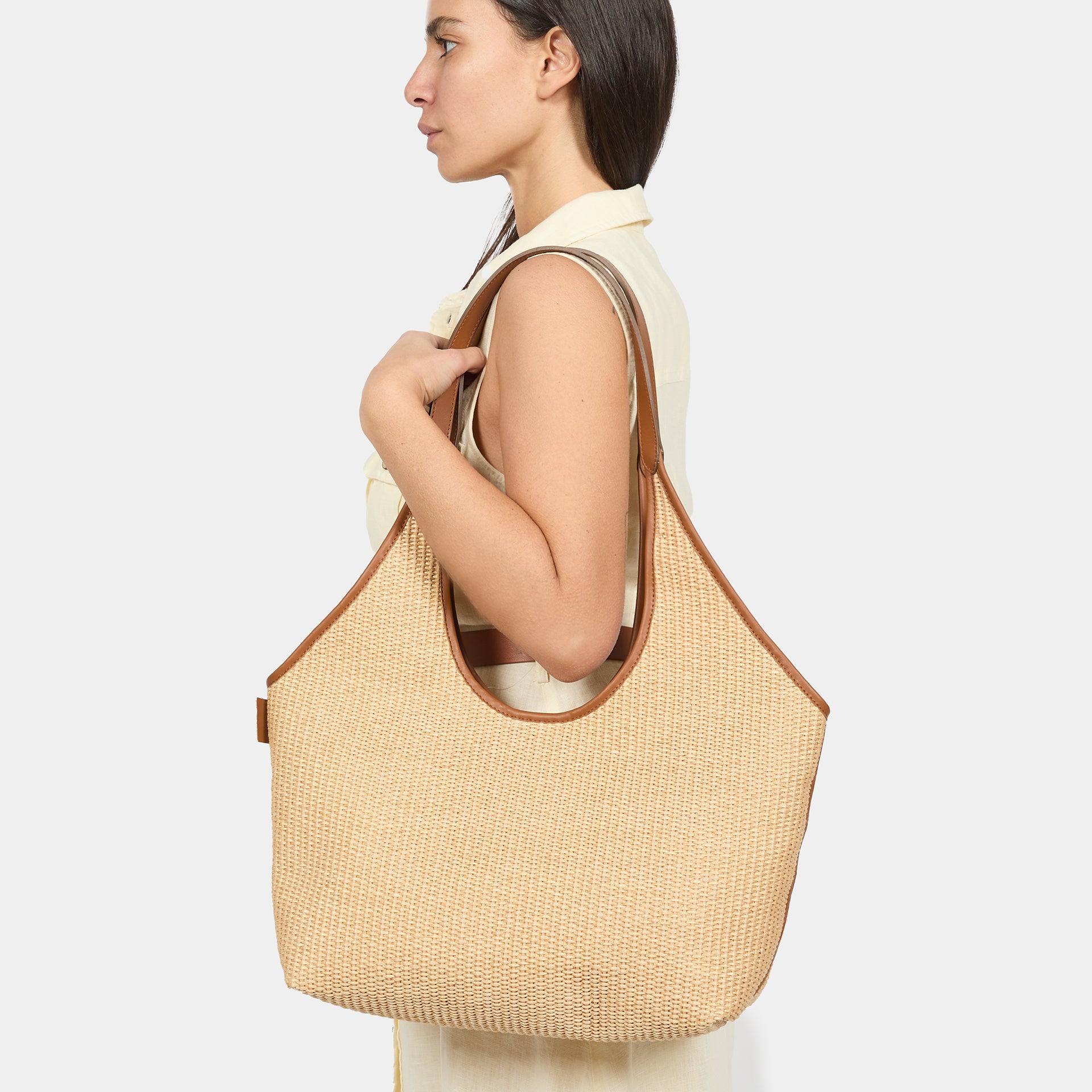 borsa ARRON hobo shopper grande  in rafia naturale e pelle cuoio