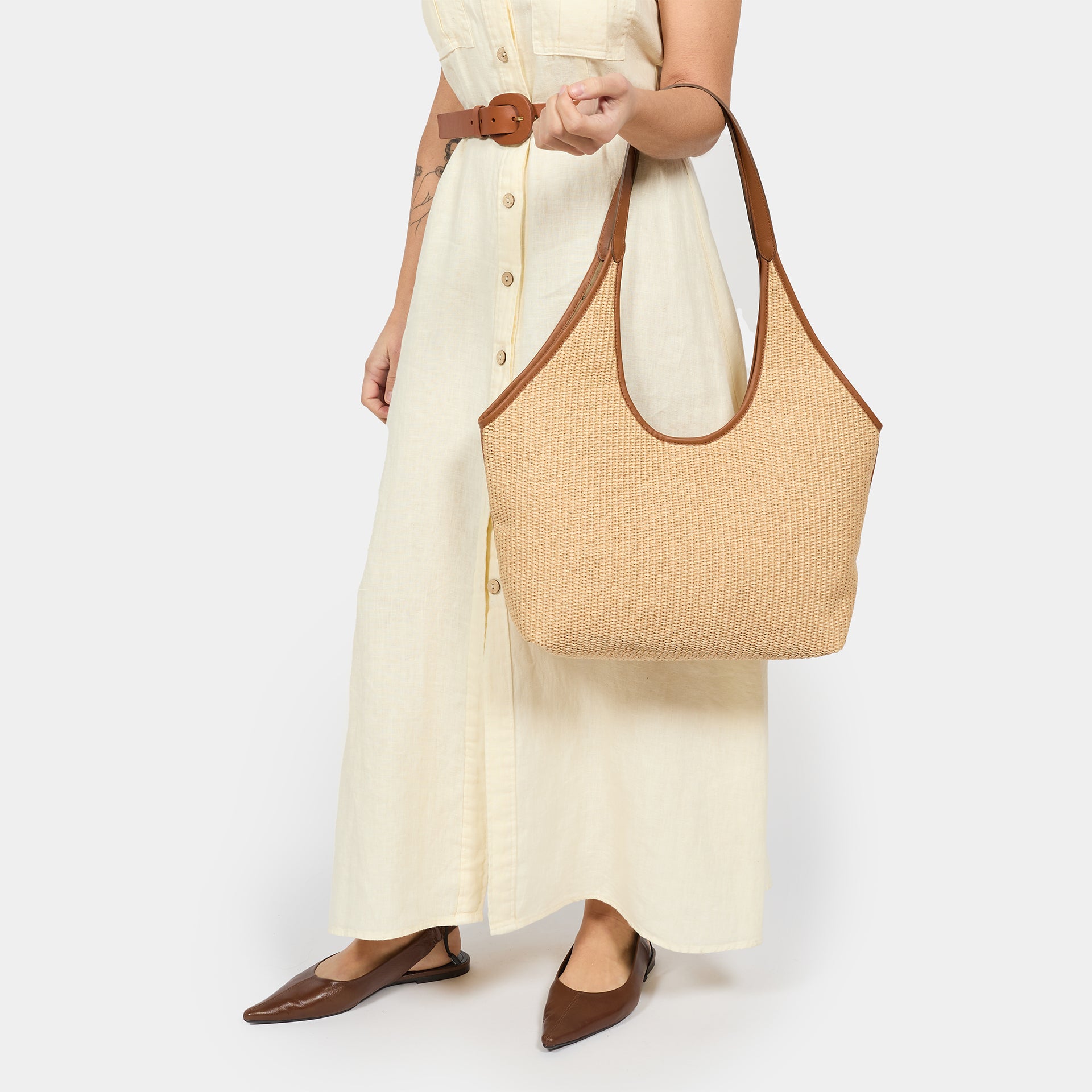 borsa ARRON hobo shopper grande  in rafia naturale ECRù e pelle cuoio