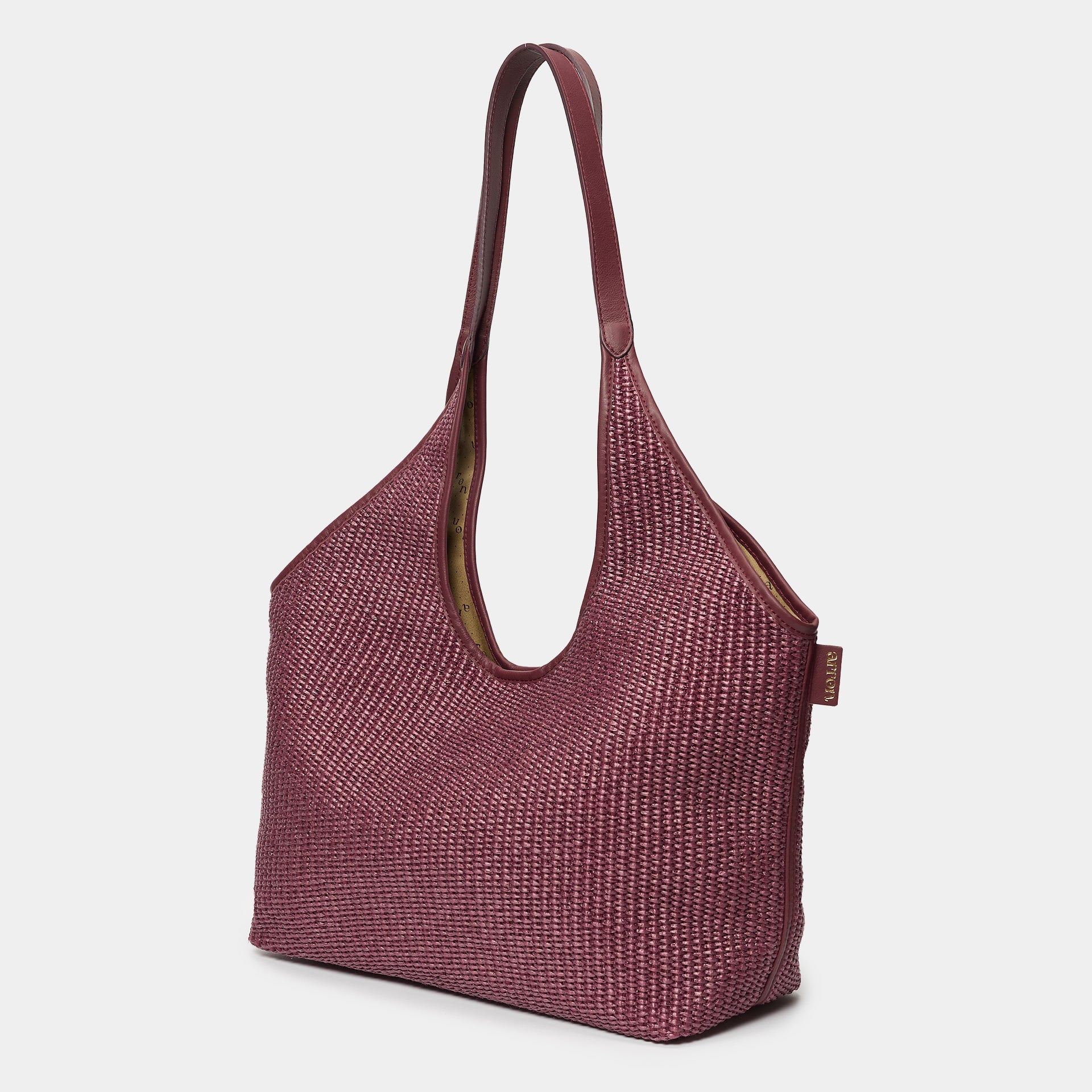 borsa hobo shopper grande ARRON in rafia e pelle color prugna