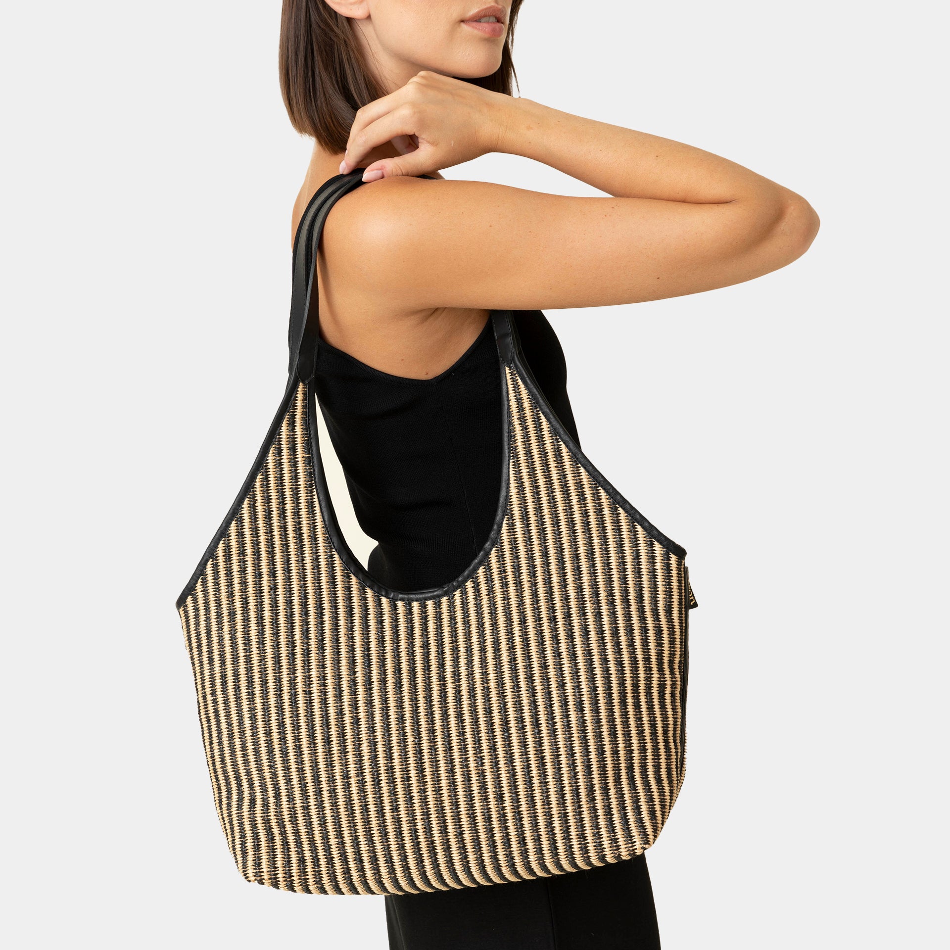 borsa ARRON hobo shopper grande  in rafia naturale e pelle cuoio