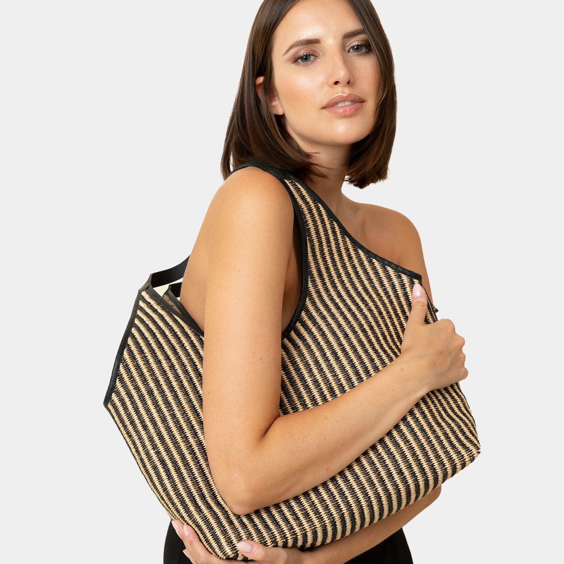 borsa ARRON hobo shopper grande  in rafia naturale e pelle cuoio