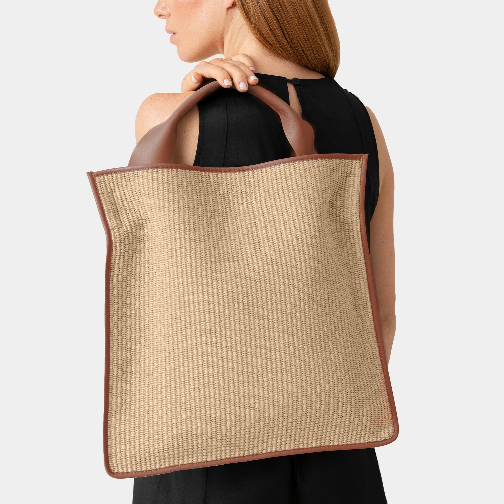 borsa shopper ARRON in rafia ecru e pelle color camel a tracolla e a spalla