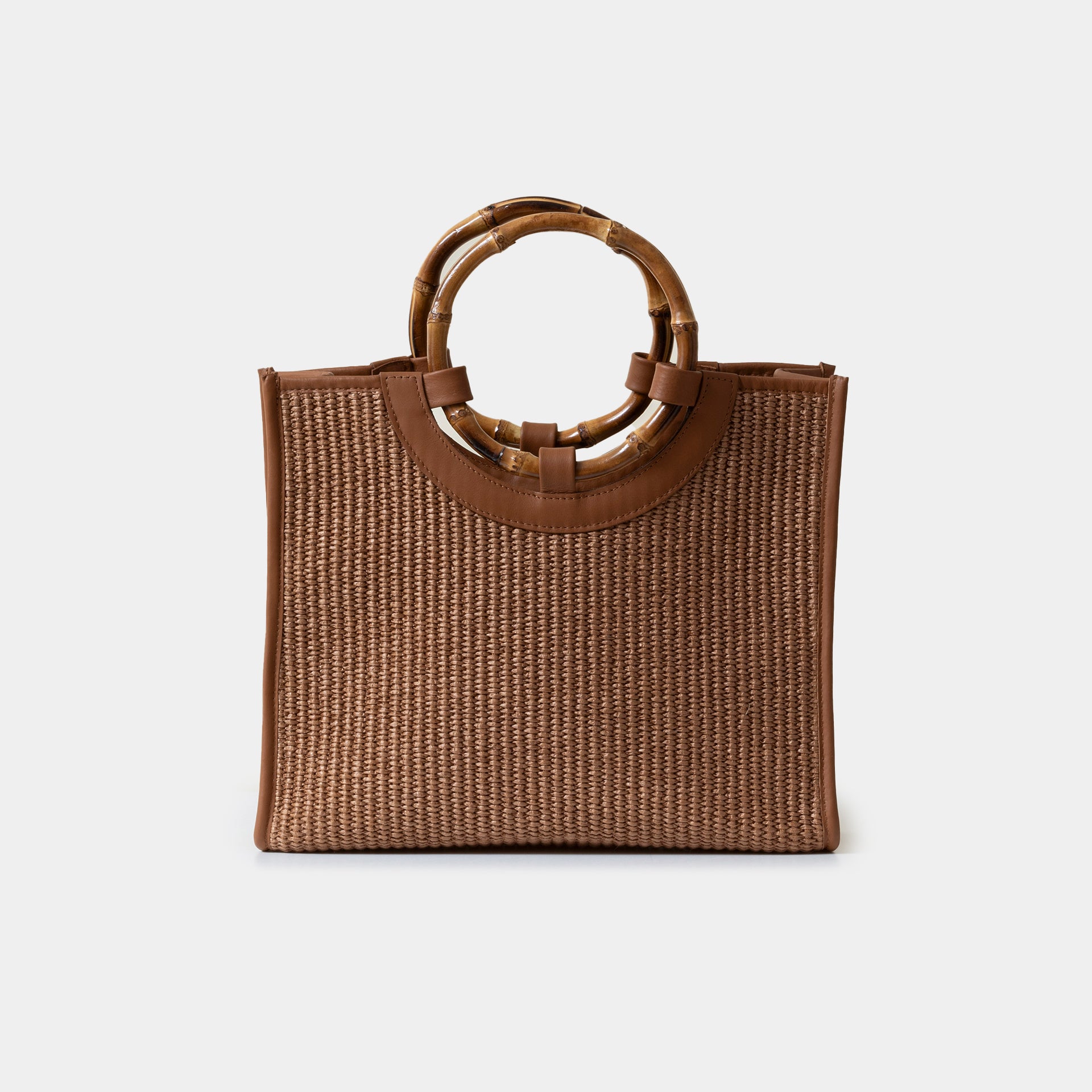 Bamboo bag in paglia e pelle marrone con manico in bamboo Arron e tracolla taglia media