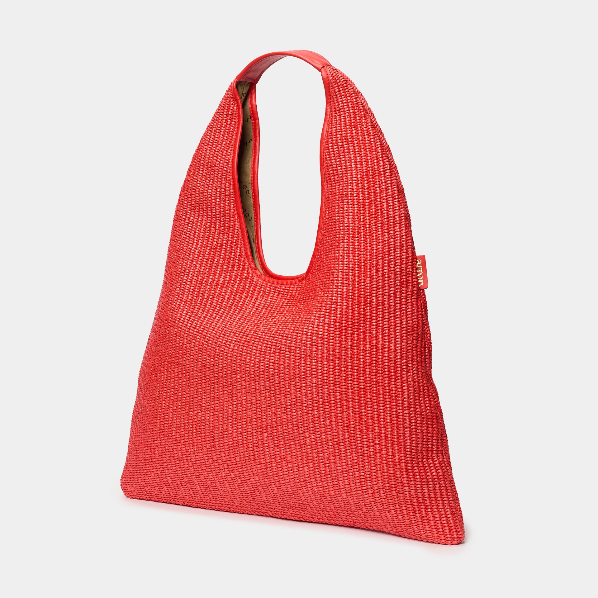 borsa hobo Eva in rafia e pelle color corallo brand Arron