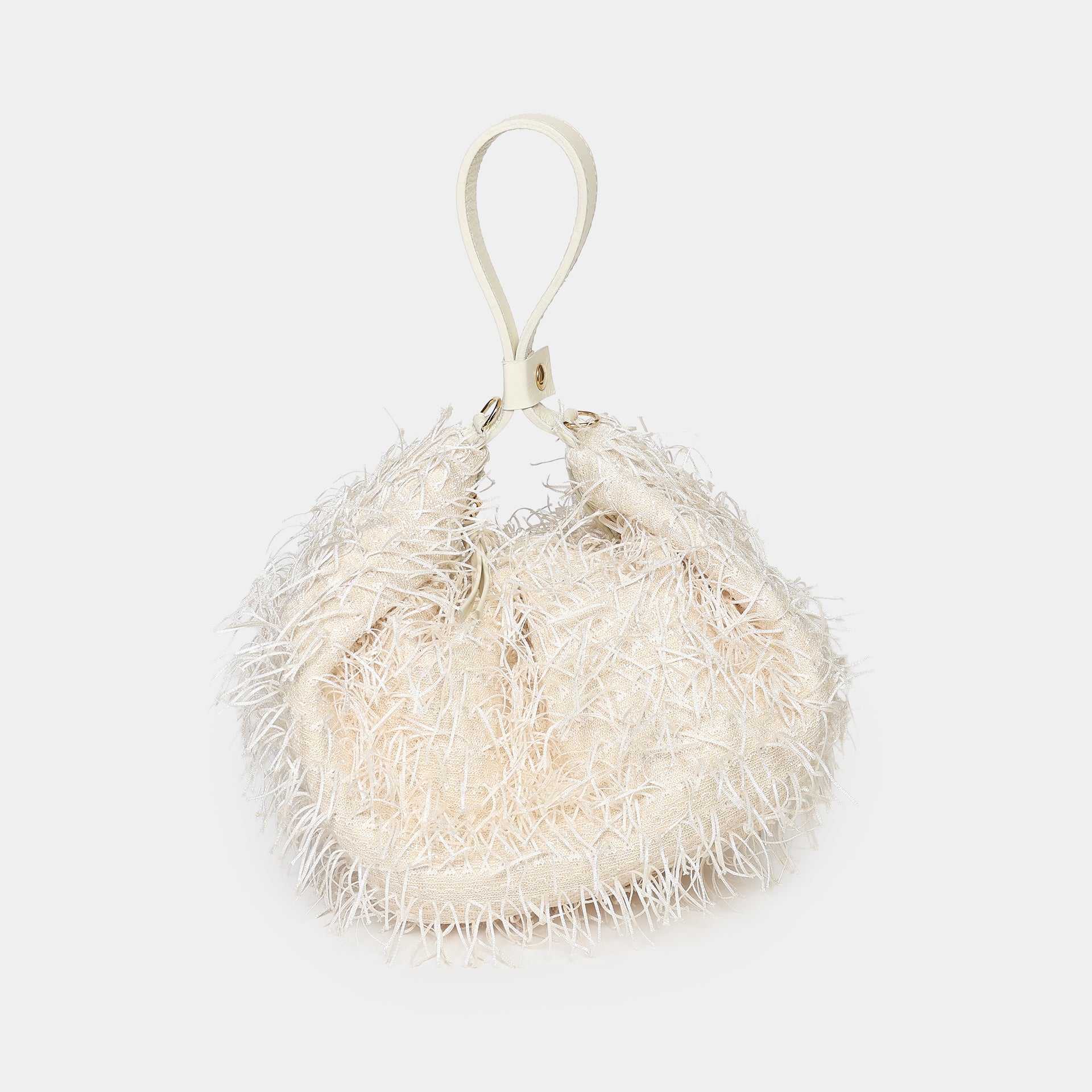 borsa luna Arron con frange burro off white party bag per eventi e cerimonie elegante made in italy chiusura a sacchetto a mano
