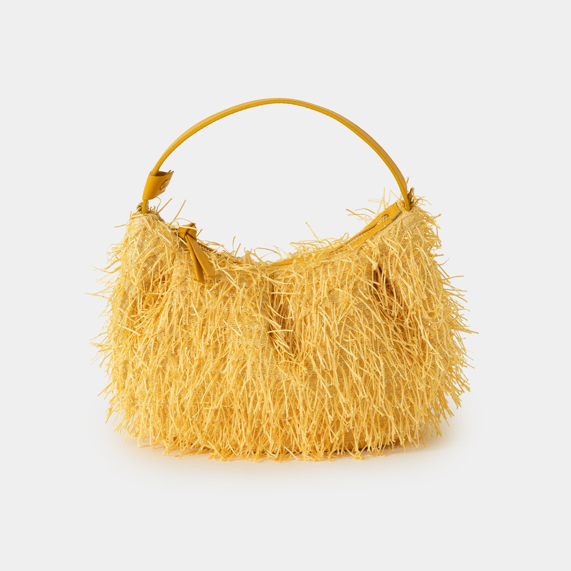 borsa da occasione, da festa, da sera con frange luminosa color giallo limone brand Arron frontale