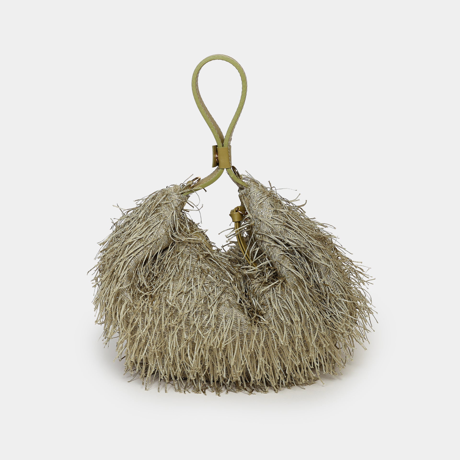 borsa luna Arron con frange salvia party bag per eventi e cerimonie elegante made in italy chiusura a mano a sacchetto