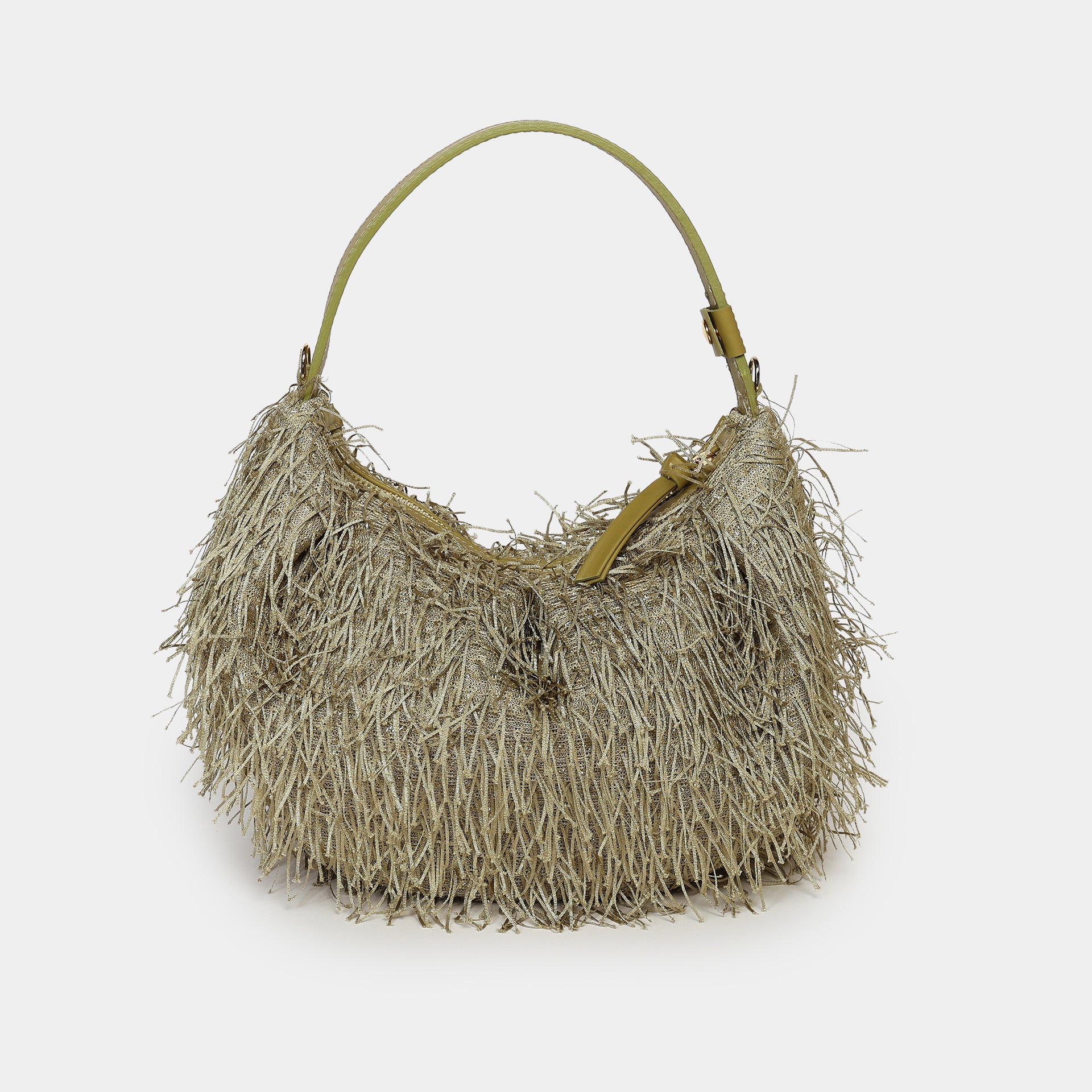 borsa luna Arron con frange salvia party bag per eventi e cerimonie elegante made in italy frontale