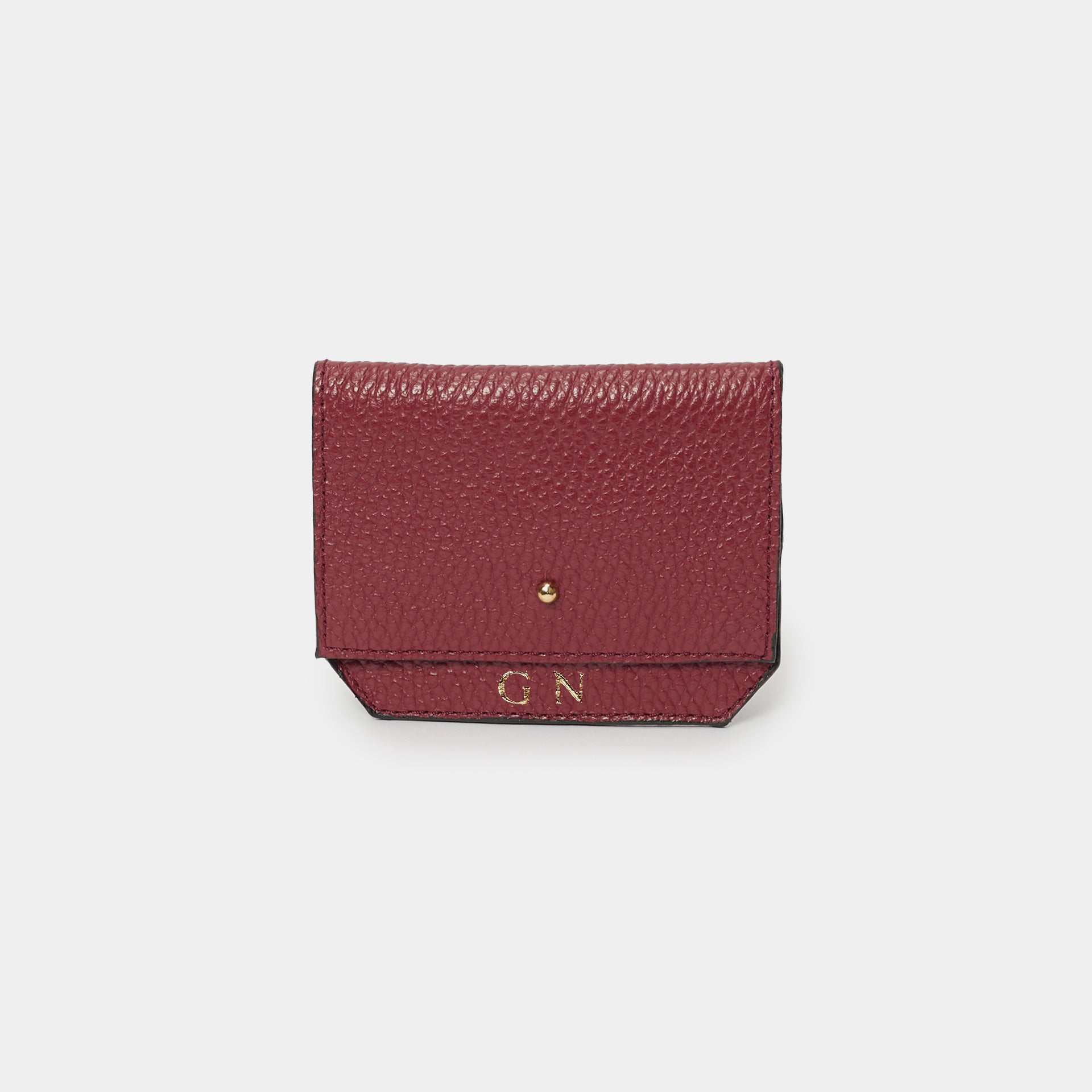 portafogli e portacarte Minù brand Arron unisex piccolo e compatto pelle martellata bordeaux e personalizzato come regalo con iniziali timbrate a caldo 