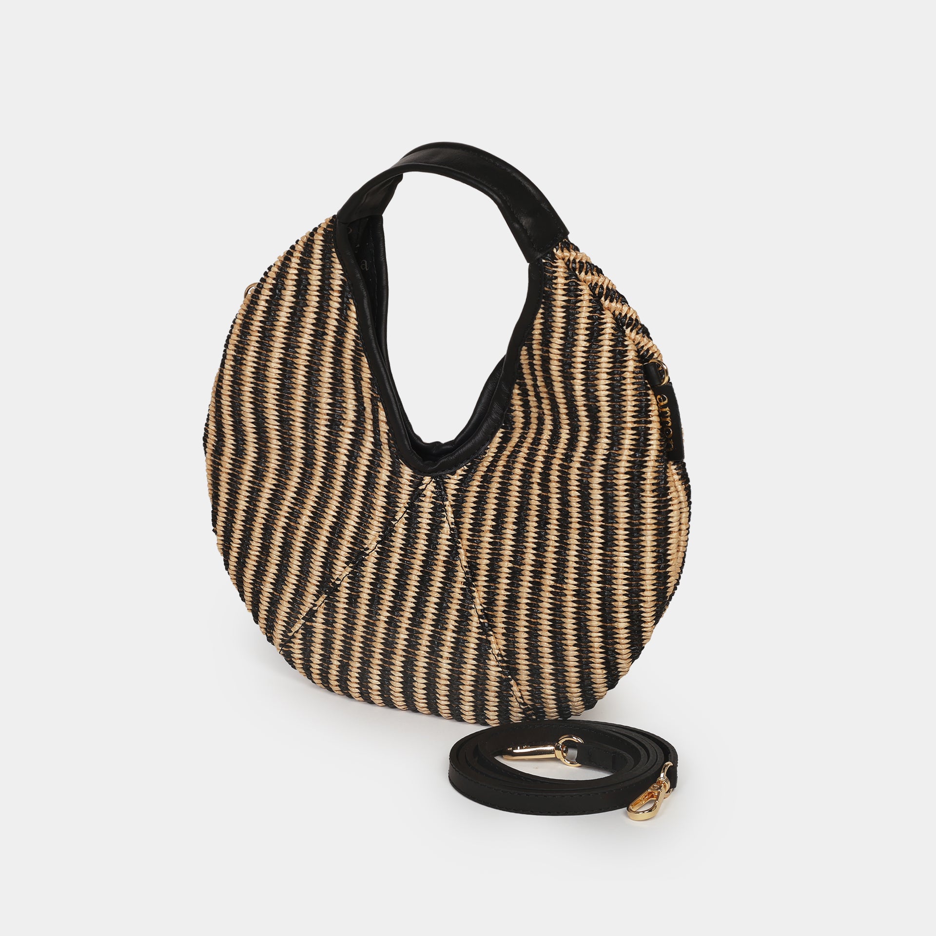 mini borsa Arron in rafia a righe beige e nero effetto ottico e pelle vista laterale con tracolla