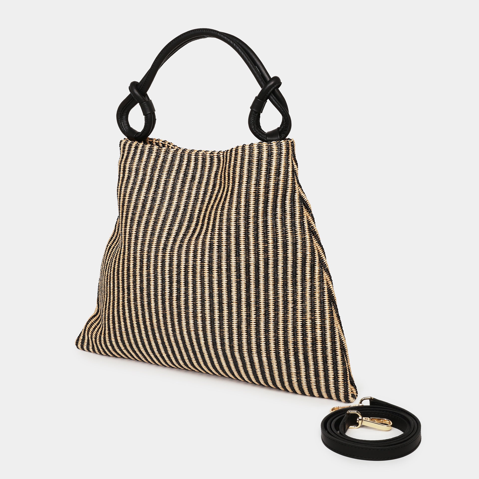 borsa Arron in rafia rigata ecrù e pelle nera con manico a nodo e tracolla taglia grande con tracolla